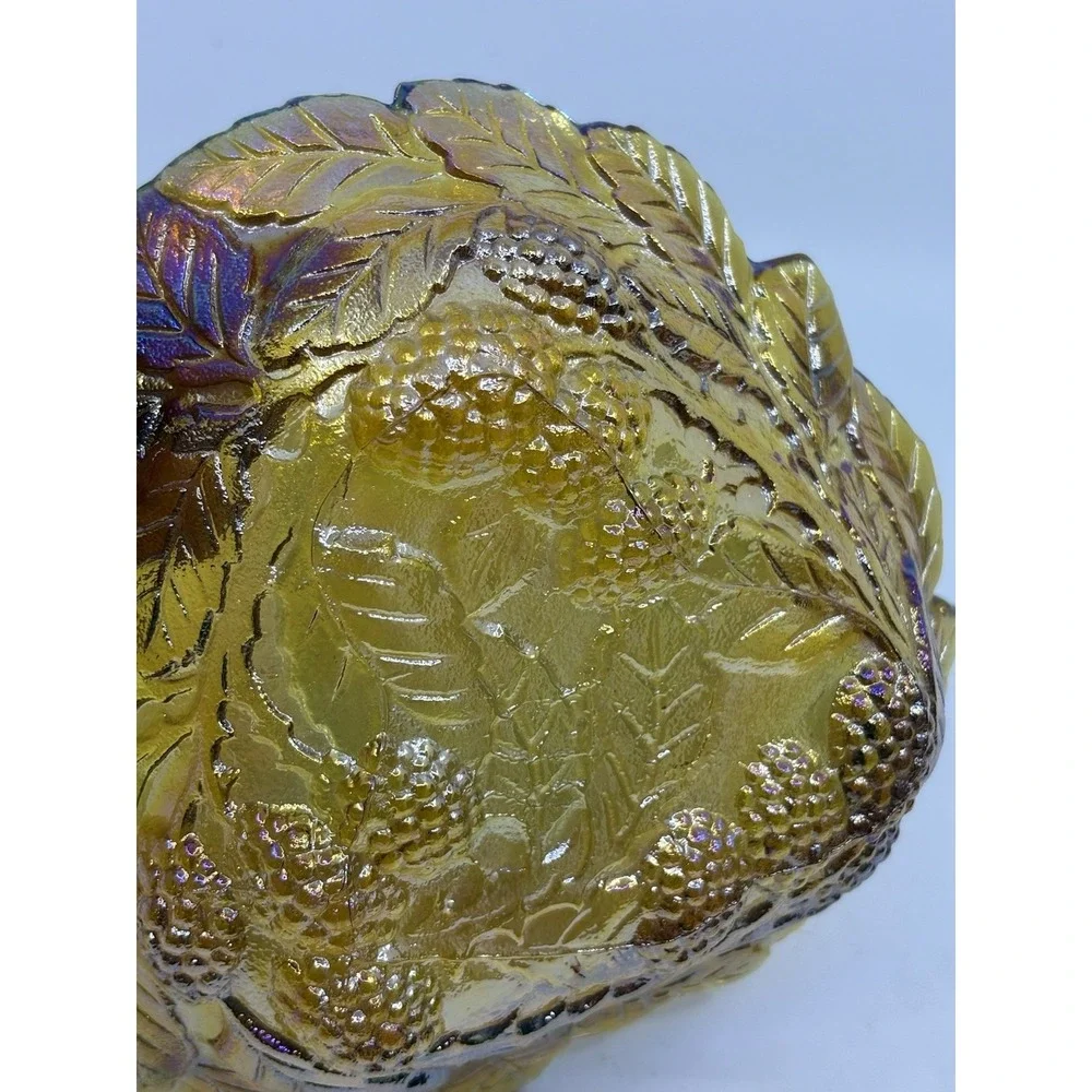 Antique Imperial Marigold Carnival Grape Leaf Shape Glass Scalloped Bowl Dish 7